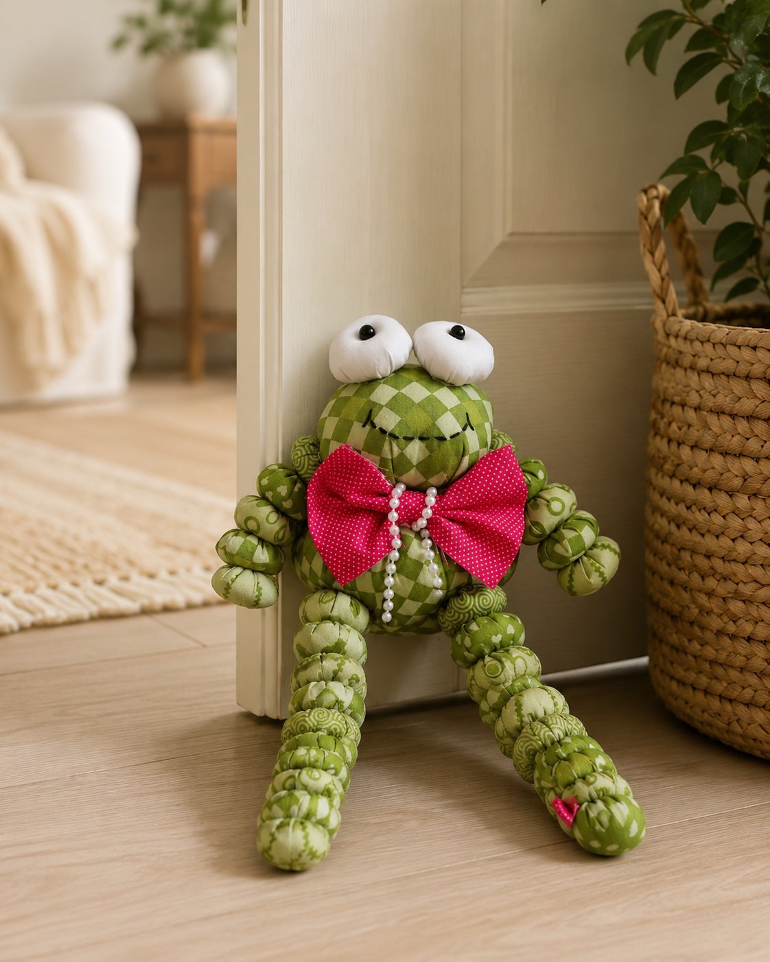 Sapo de fuxicos sentado como peso de porta com laço rosa e pérolas, feito com tecidos verdes de patchwork