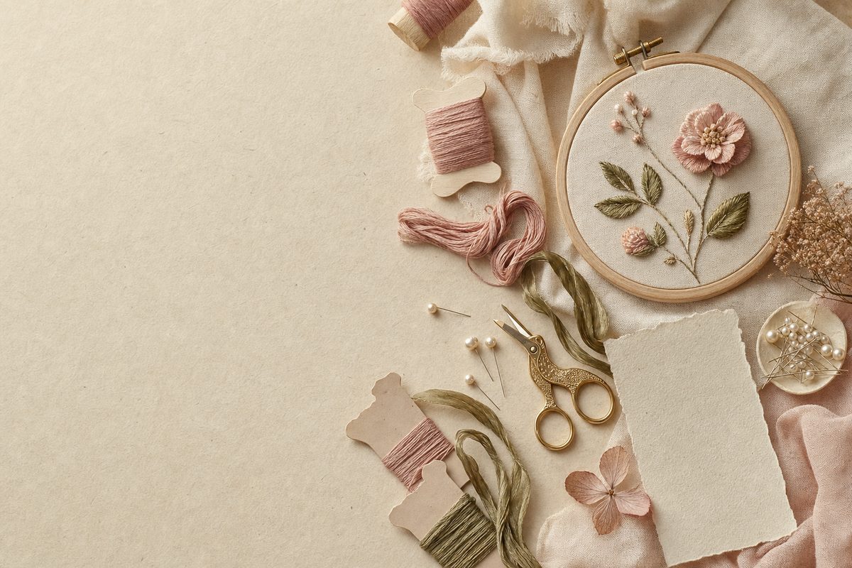 Materiais para começar a fazer Stumpwork — bastidor, linhas mouliné, agulhas e feltro