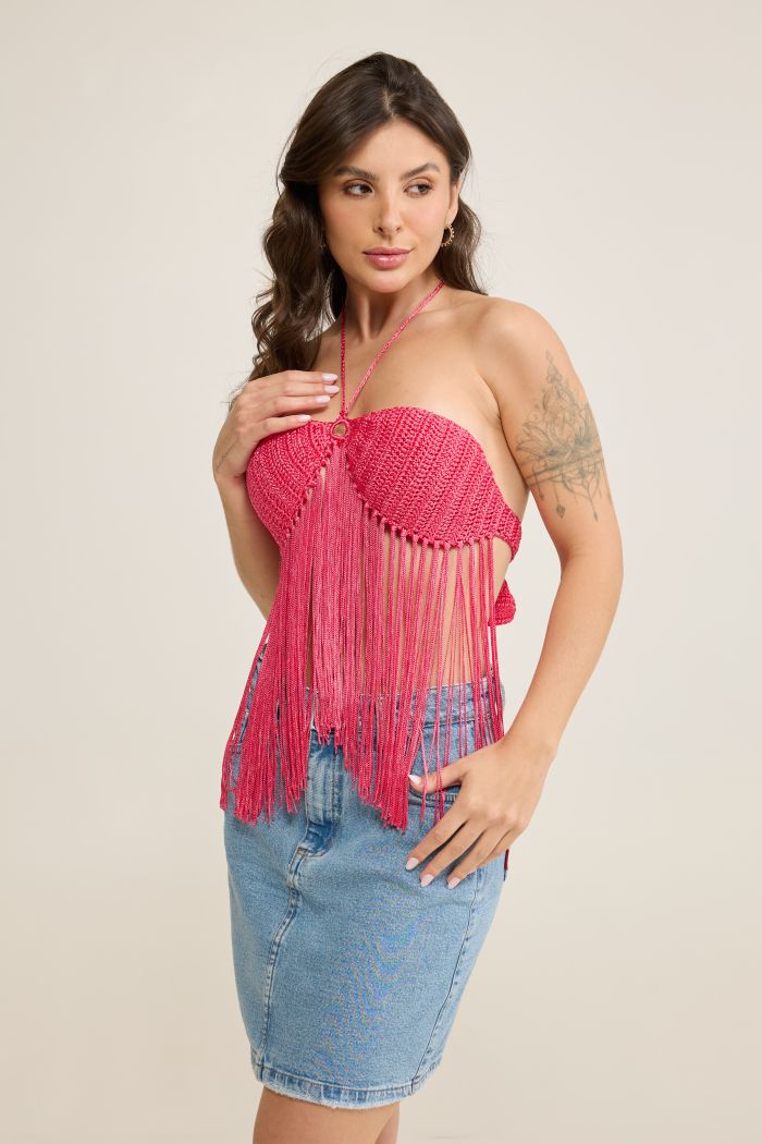Top Tulipa de crochê com Linha Encanto cor Luxo com franjas e tasseis