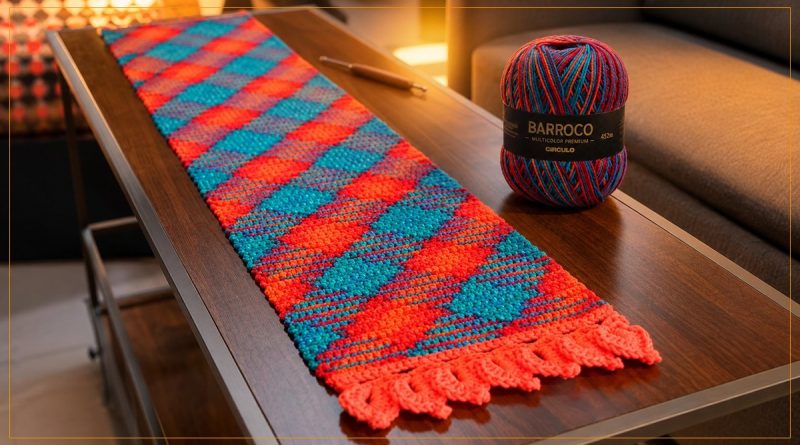 Trilho de mesa pooling Bahamas com Barroco Multicolor Premium — padrão geométrico em vermelho e turquesa