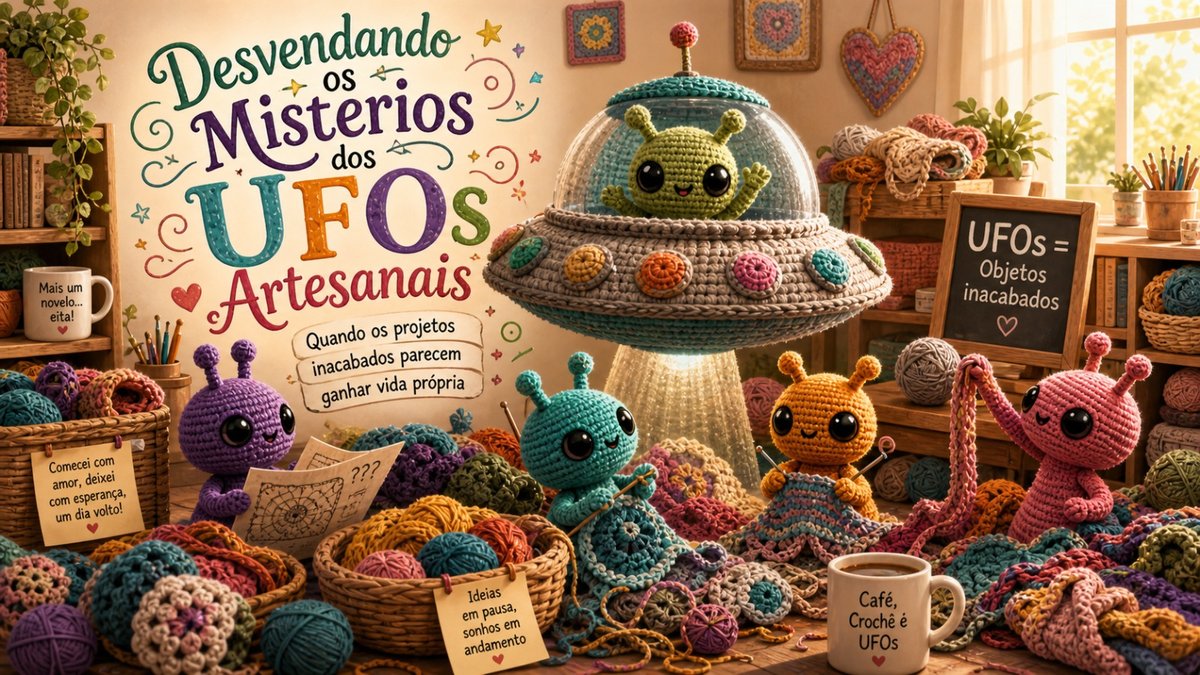 Ilustração de amigurumis alienígenas cercados por projetos de crochê inacabados representando os UFOs artesanais