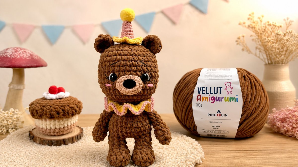 Ursinha Cacau amigurumi com chapéu de aniversário e bolinho, feita com Fio Vellut Amigurumi Pingouin