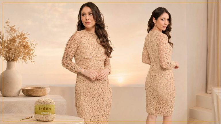 Vestido Champagne de Crochê com Linha Lolita – Receita com Gráfico e Vídeo