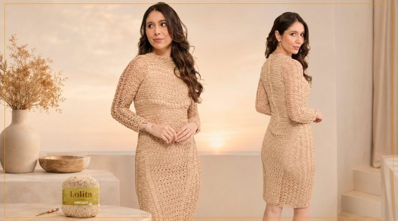 Vestido Champagne de crochê com Fio Lolita Círculo — vista frontal e costas