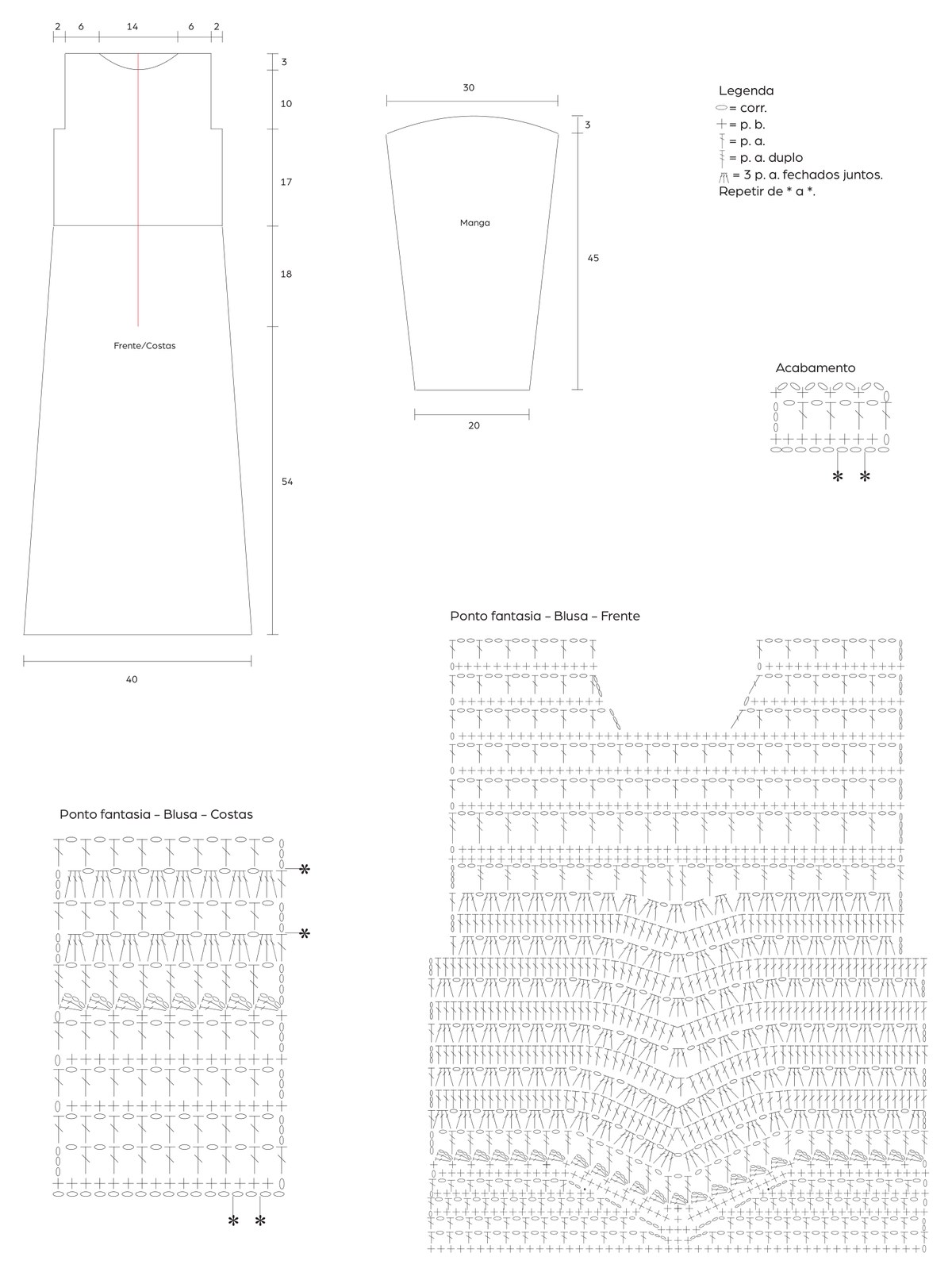 Gráfico 2 do Vestido Champagne — pontos fantasia da blusa, manga e gola