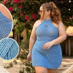 Vestido Halter Neck de crochê com Fio Ateliê Natureza cor Reno frente costas e detalhe do fio