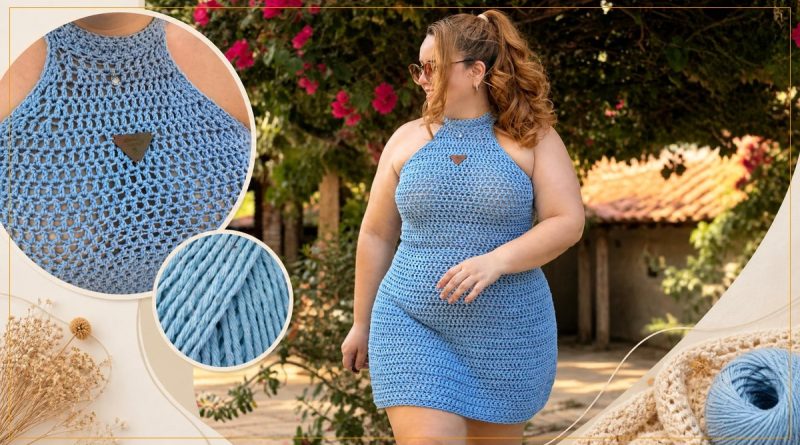 Vestido Halter Neck de crochê com Fio Ateliê Natureza cor Reno frente costas e detalhe do fio