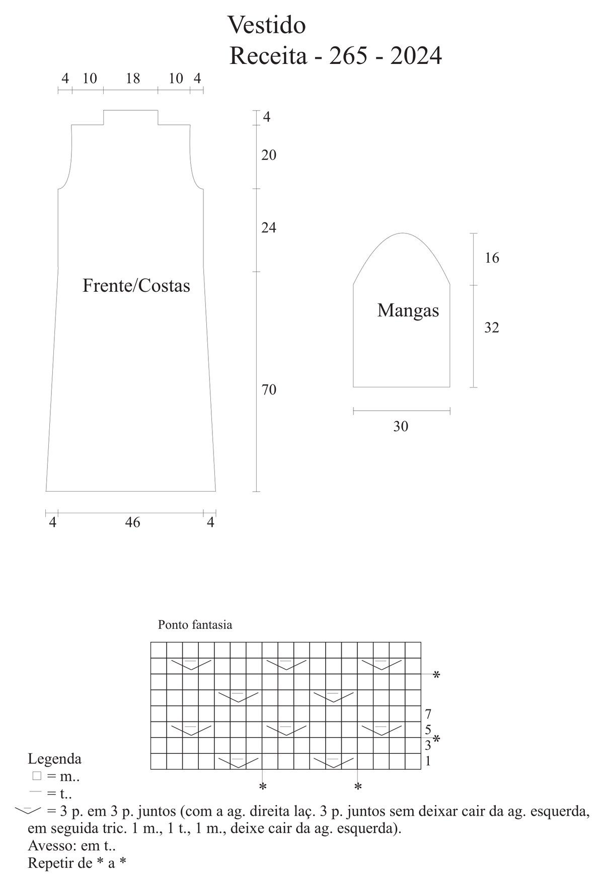 Gráfico do ponto fantasia e esquema de medidas do Vestido Harmony de Tricô
