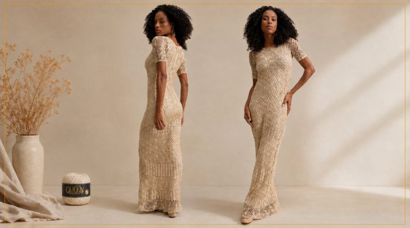 Vestido Serena de crochê longo feito com Linha Queen Duplo Círculo na cor off-white