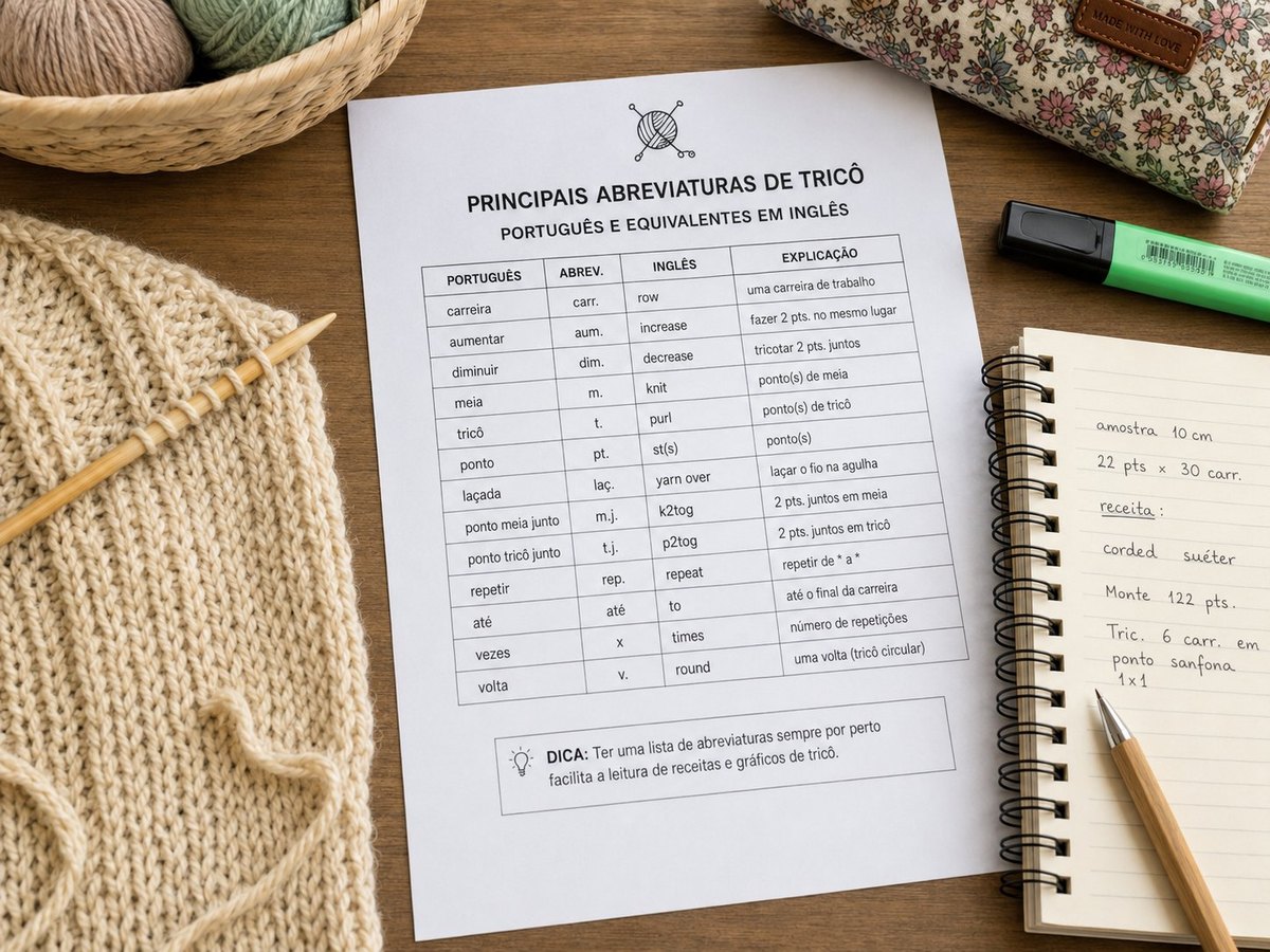 Tabela com as principais abreviaturas de tricô em português e seus equivalentes em inglês