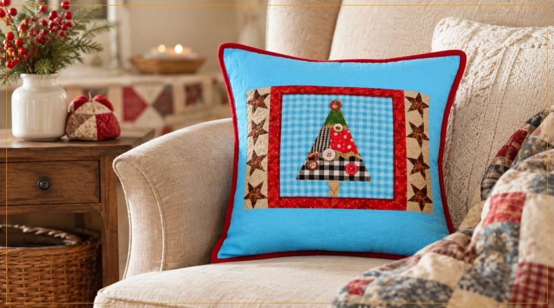Almofada de Natal Azul de Patchwork com Tecido Círculo