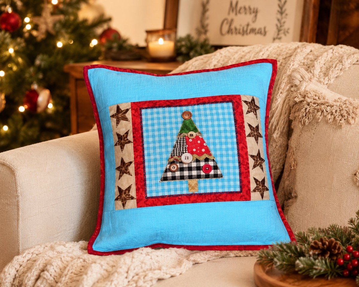 Almofada de Natal Azul de Patchwork com Tecido Círculo — detalhe da árvore de natal aplicada com estrelas e botões