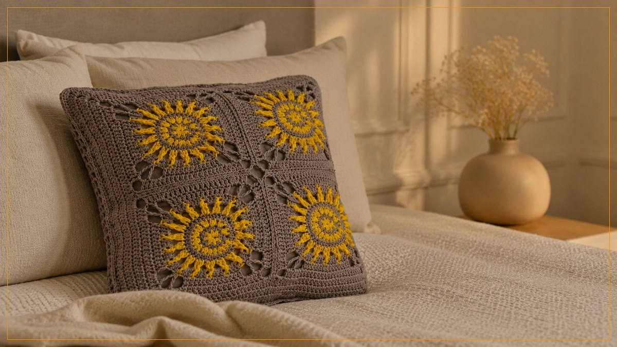 Almofada Solar de Crochê com Barbante Barroco Maxcolor — quatro motivos sol em cinza e amarelo sobre a cama