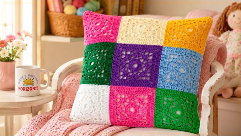 Almofada com Squares Coloridos de Crochê com Linha Camila Fashion – Receita