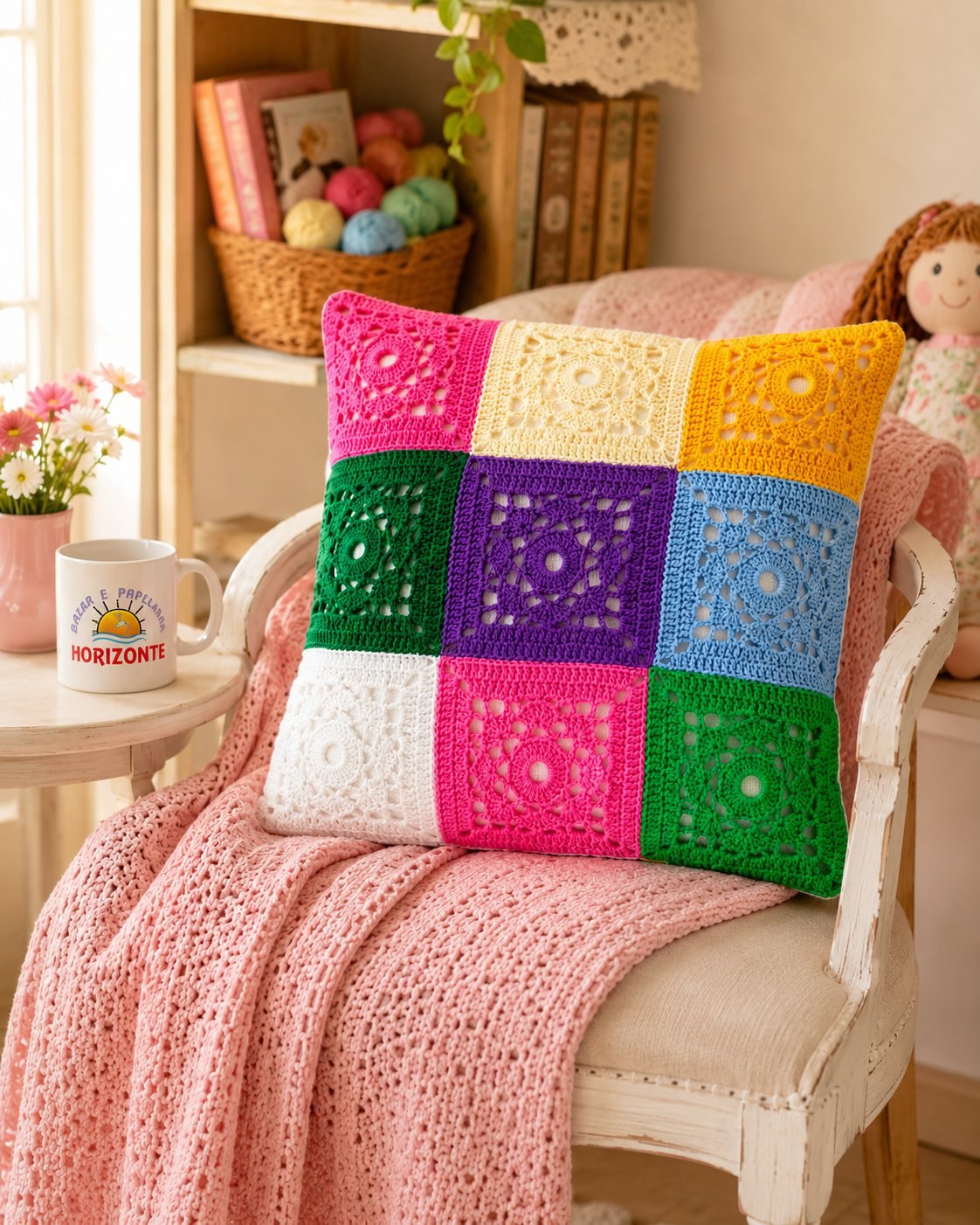 Almofada com Squares Coloridos de Crochê com Linha Camila Fashion — 9 quadrados em cores vibrantes em poltrona