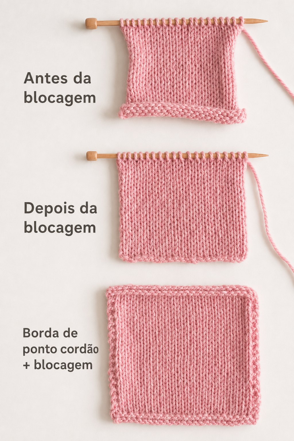 Três amostras de tricô comparadas: antes da blocagem (bordas enroladas), depois da blocagem (plana) e com borda de ponto cordão mais blocagem (totalmente plana e quadrada)