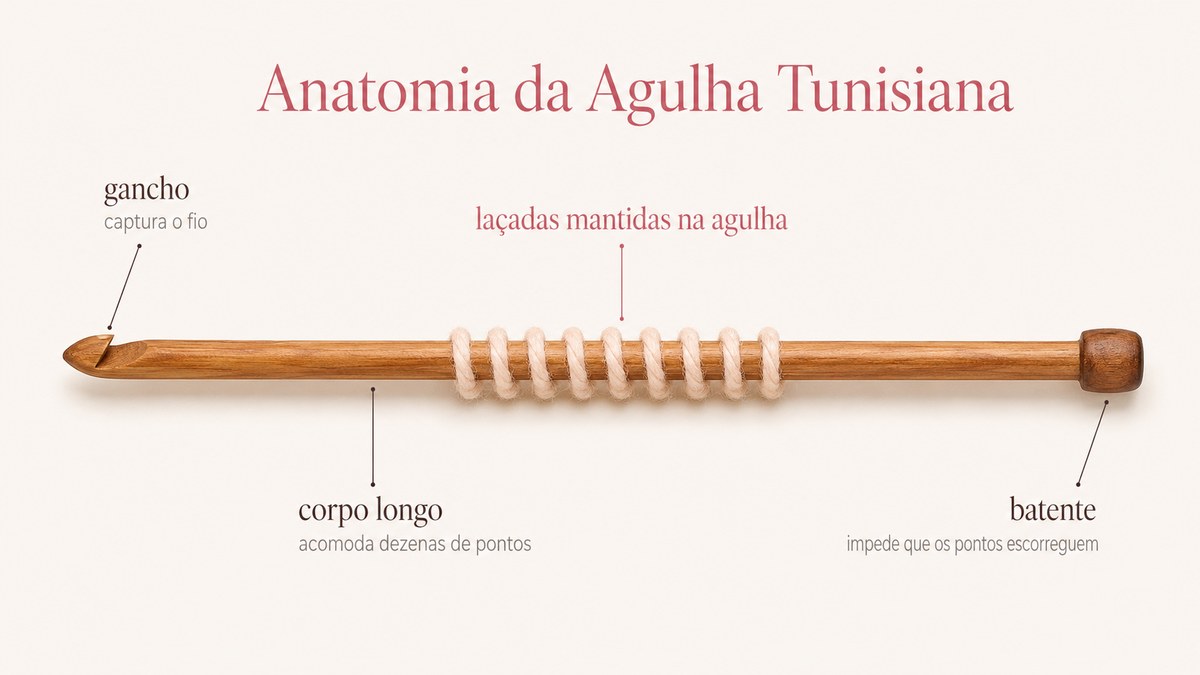 Anatomia da agulha de crochê tunisiano — gancho na ponta, corpo longo e batente na outra extremidade