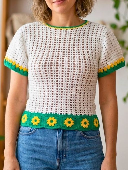 Blusa Copa Feminina de Crochê com Cisne Amigurumi Perfeito nas cores do Brasil – Branco, 3012 Amarelo Intenso e 3033 Verde Mata