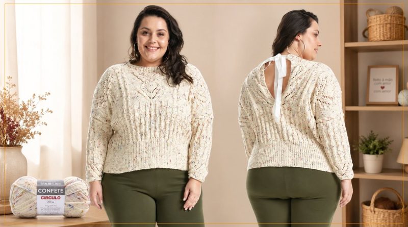 Blusa Decote nas Costas de Tricô com Fio Confete Círculo — frente e costas com laço de fita