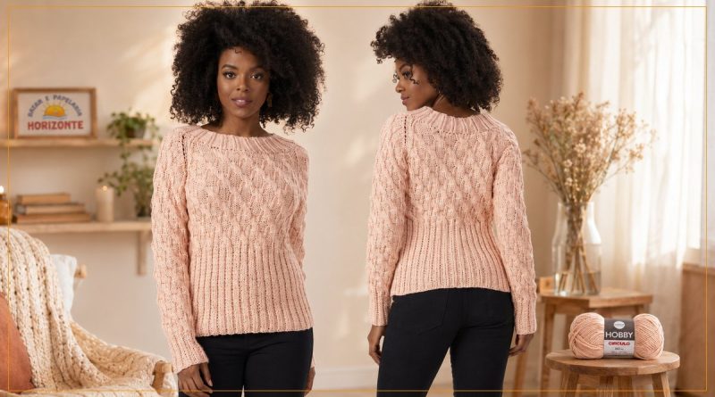 Blusa Maxibarra de Tricô com Fio Hobby Círculo — frente e costas na cor bege