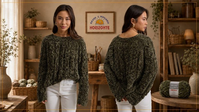 Blusa Oliveira de Tricô com Fio Veludo Molhado Círculo – Receita com Gráfico