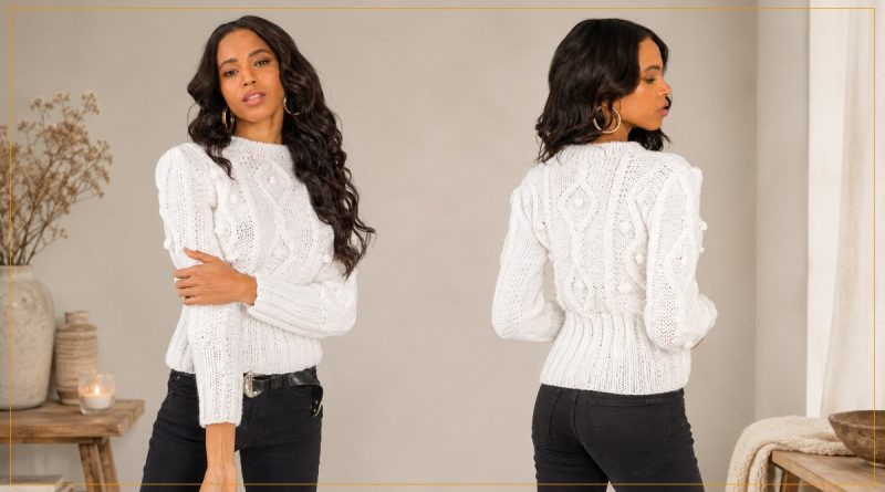 Blusa de Tricô Maxibarra e Punhos com Fio Hobby Círculo — vista frontal e traseira