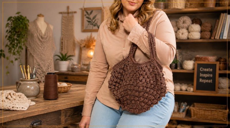 Bolsa Castanha de Crochê com Linha Liza Moda Grossa Círculo