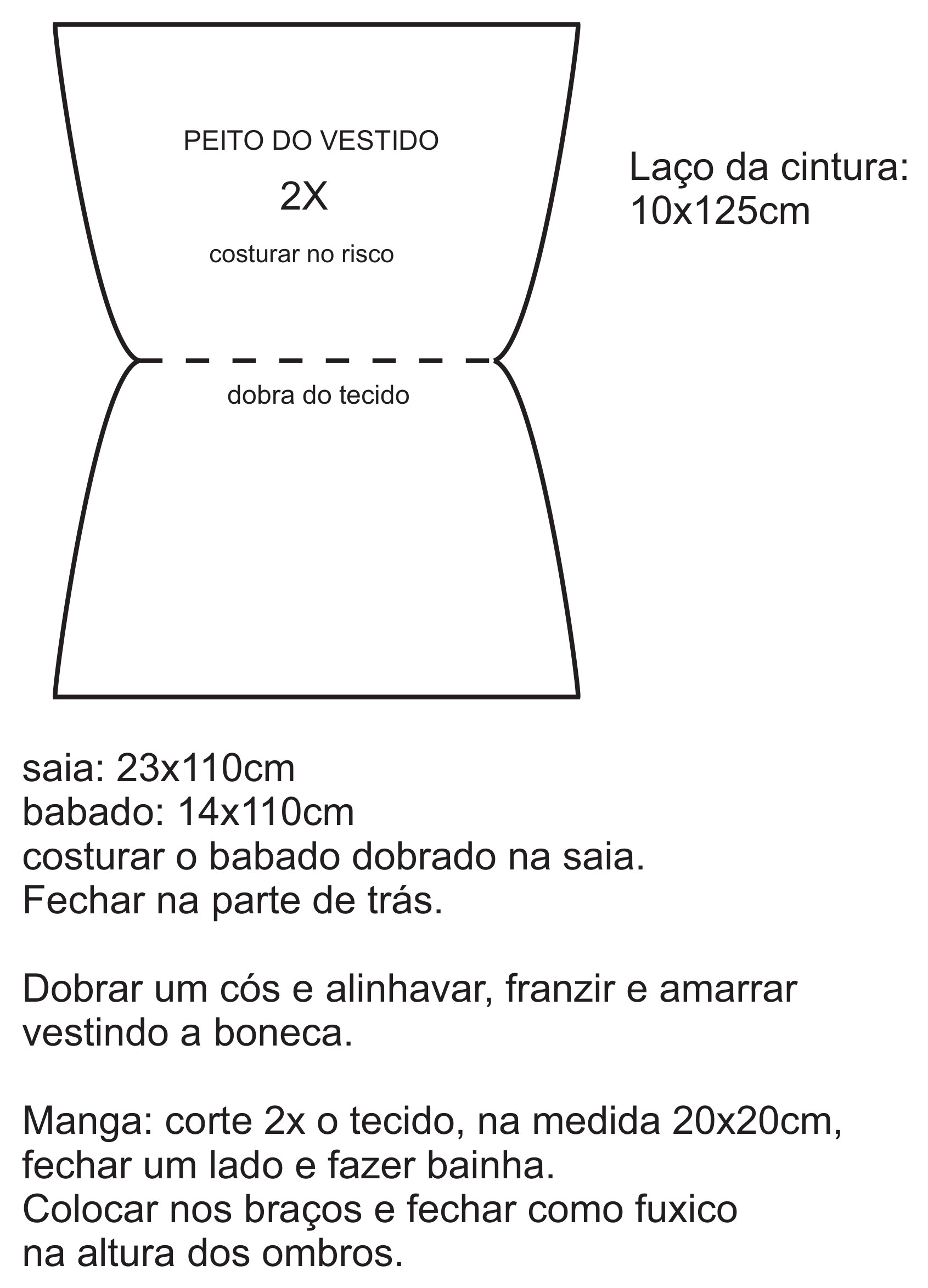Molde Boneca Amália — peito do vestido e medidas da saia