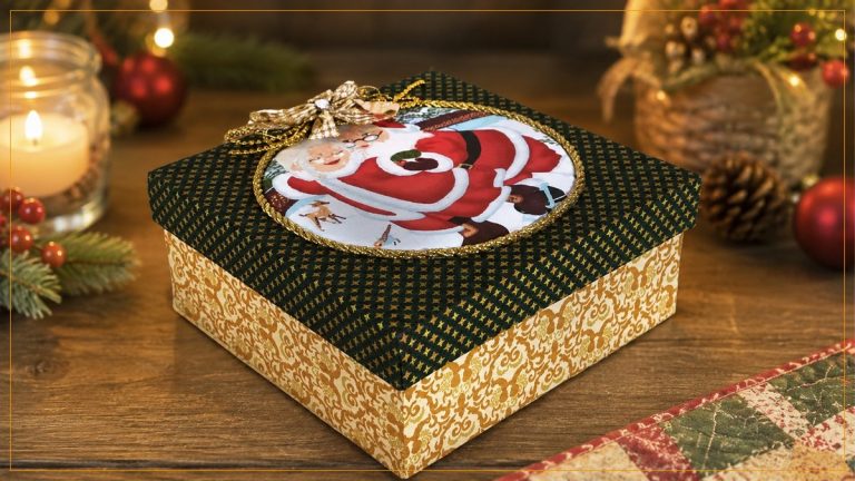 Caixa de Natal Forrada com Tecido Natalino Círculo – Passo a Passo