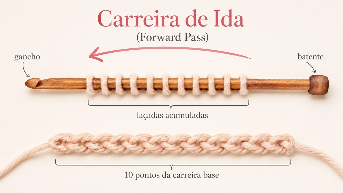 Diagrama da carreira de ida no crochê tunisiano — direção da direita para a esquerda, acumulando pontos na agulha