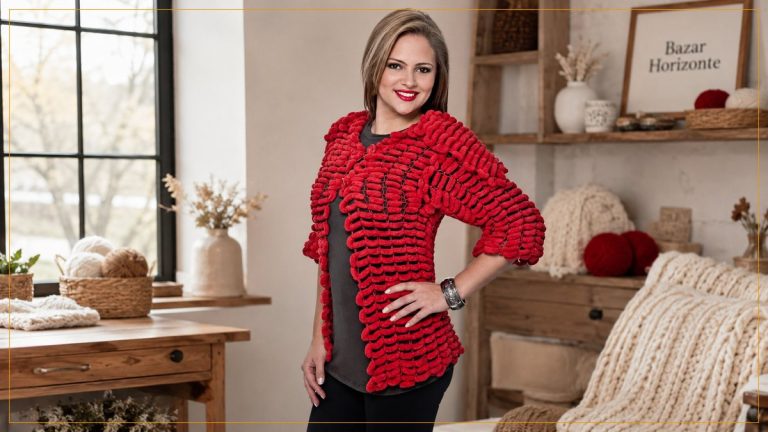 Casaco Vermelho Mangas 3/4 de Tricô – Receita com Gráfico