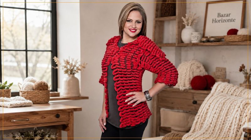 Casaco Vermelho Mangas 3/4 de Tricô com Fio Dália Pompom Pingouin