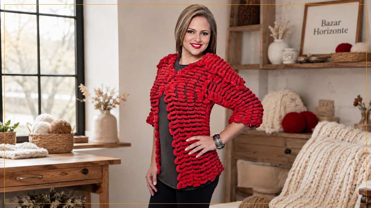 Casaco Vermelho Mangas 3/4 de Tricô com Fio Dália Pompom Pingouin — vista frontal