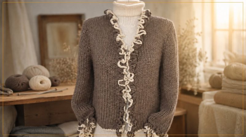 Casaquinho Moura e Branca de Tricô com lã natural — franja bicolor em crochê, design Ana Lúcia Salla para Fios da Fazenda