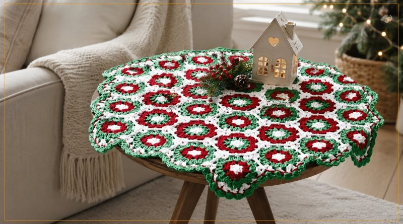 Centro de Mesa Natalino de Crochê com motivos hexagonais em vermelho, verde e branco