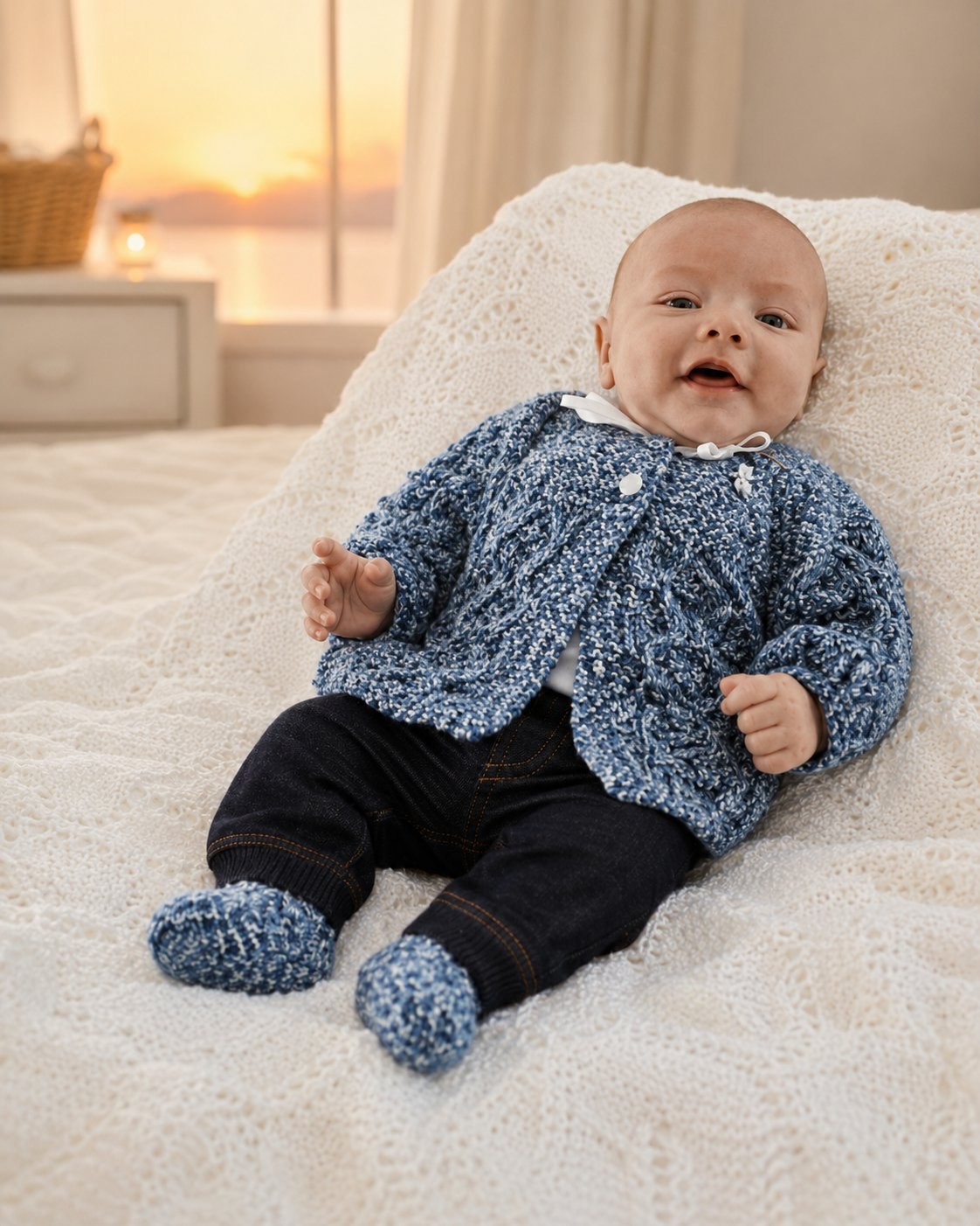 Bebê sorrindo usando casaquinho azul de tricô com ponto abacaxi e sapatinho de crochê, conjunto completo com Fio Mais Bebê Cores