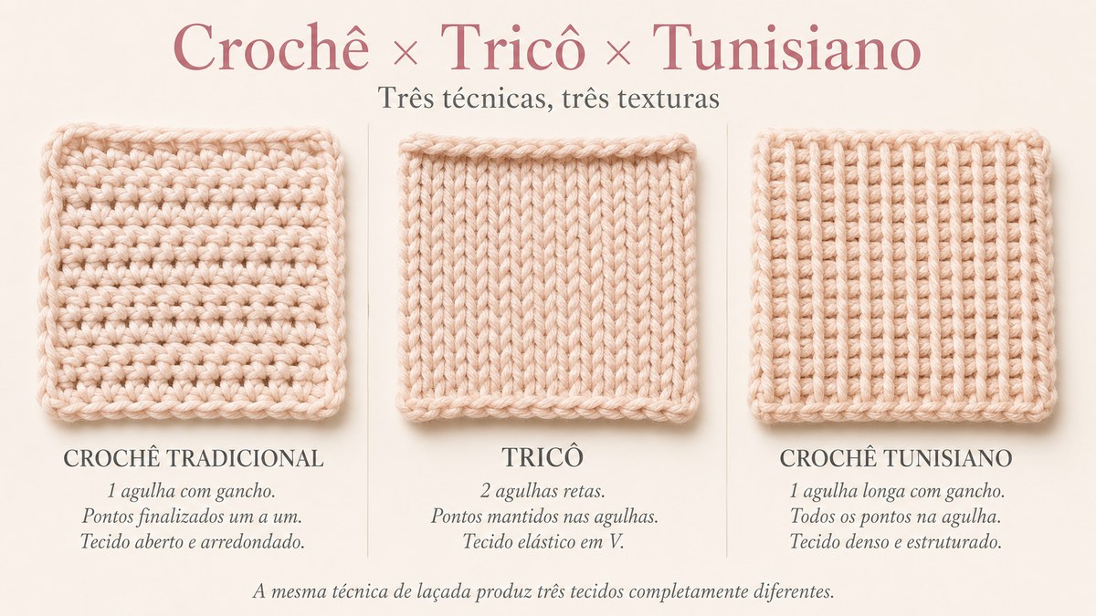 Comparativo entre crochê tradicional, tricô e crochê tunisiano — diferenças na formação do tecido lado a lado