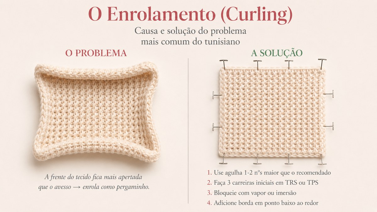 Diagrama explicando o enrolamento do tecido (curling) no crochê tunisiano e as quatro soluções para um tecido plano