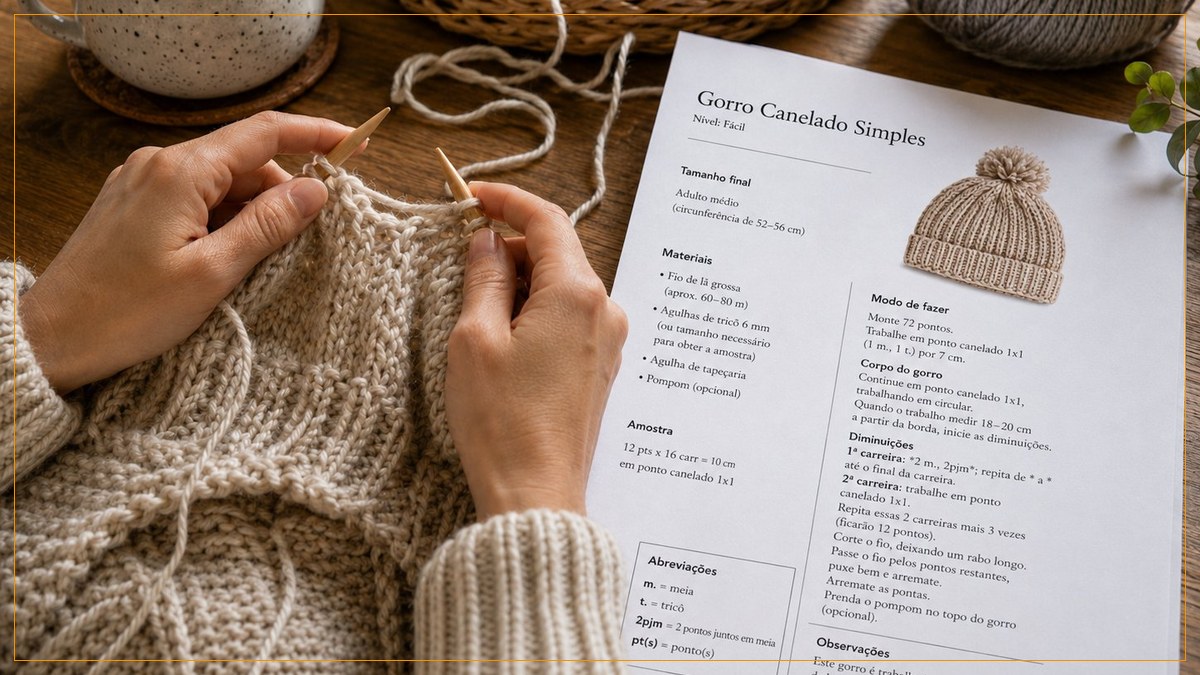 Mãos tricotando ao lado de uma receita impressa de gorro canelado com lista de abreviações
