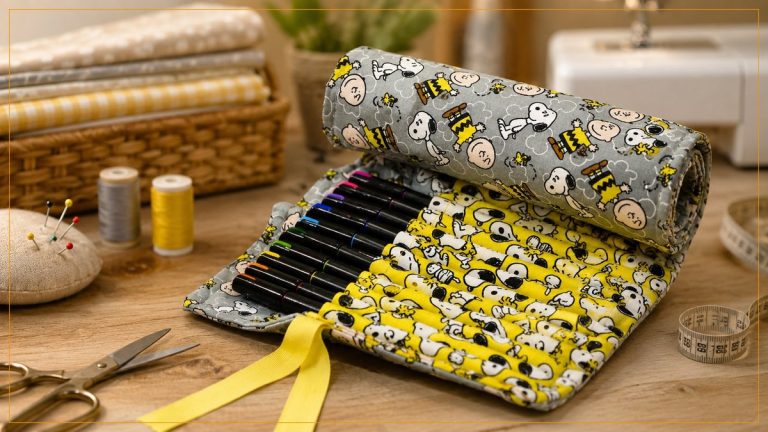 Estojo Enrolado Snoopy e Charlie de Patchwork com Tecidos Peanuts Círculo – Receita