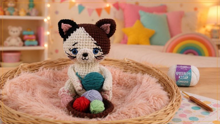 Gatinho Crocheteiro Malhado Amigurumi Soft Círculo — gatinho tricolor sentado em cestinha com novelinhos