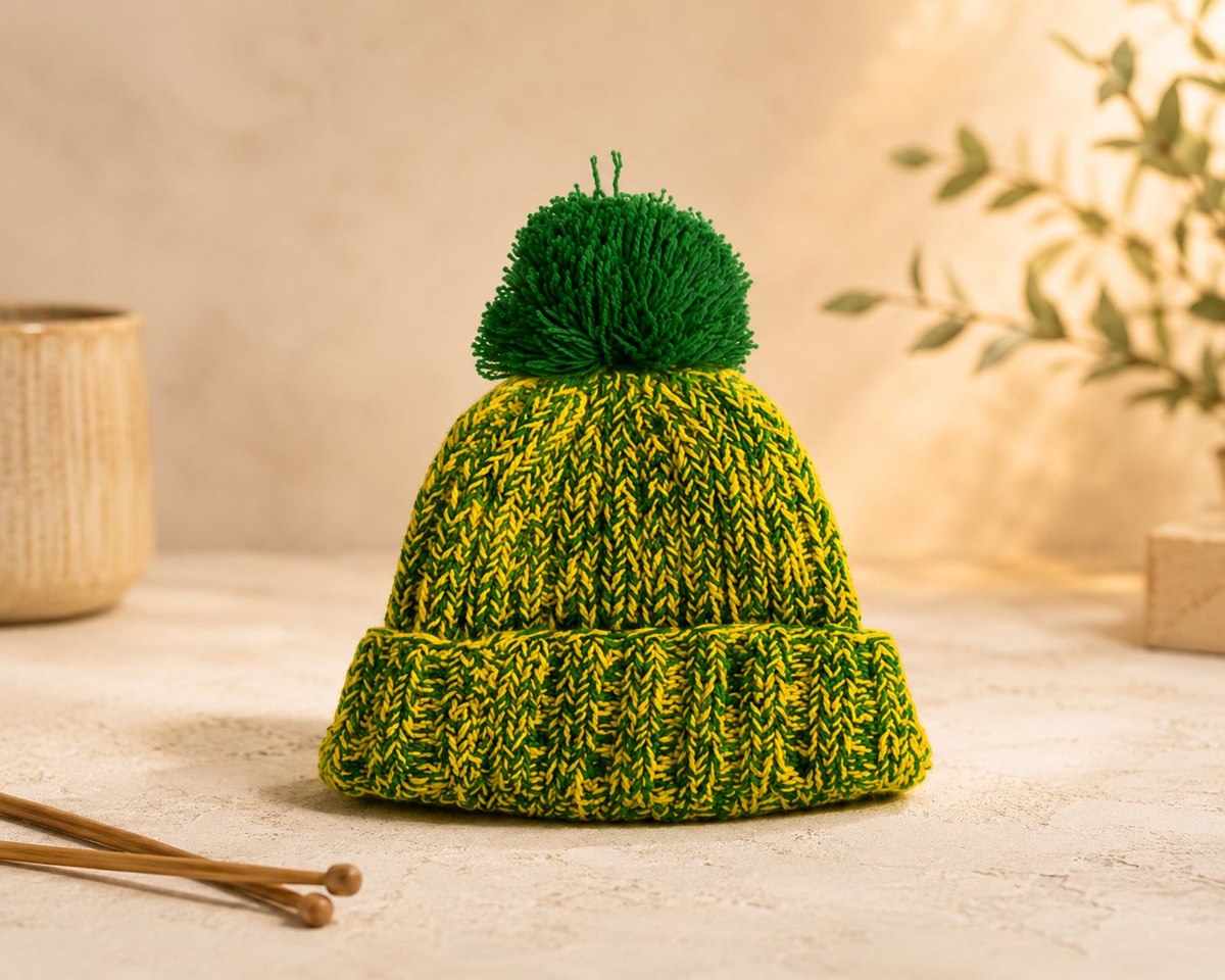 Gorro de Tricô para a Copa com Fio Família Pingouin nas cores verde e amarelo do Brasil com pompom verde