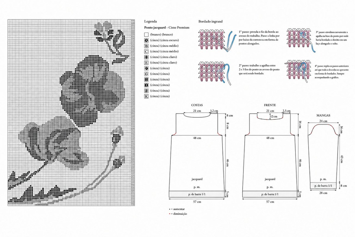 Gráfico do Maxi Pull de Tricô com Jacquard Flores — diagrama de cores, bordado ingrand e medidas