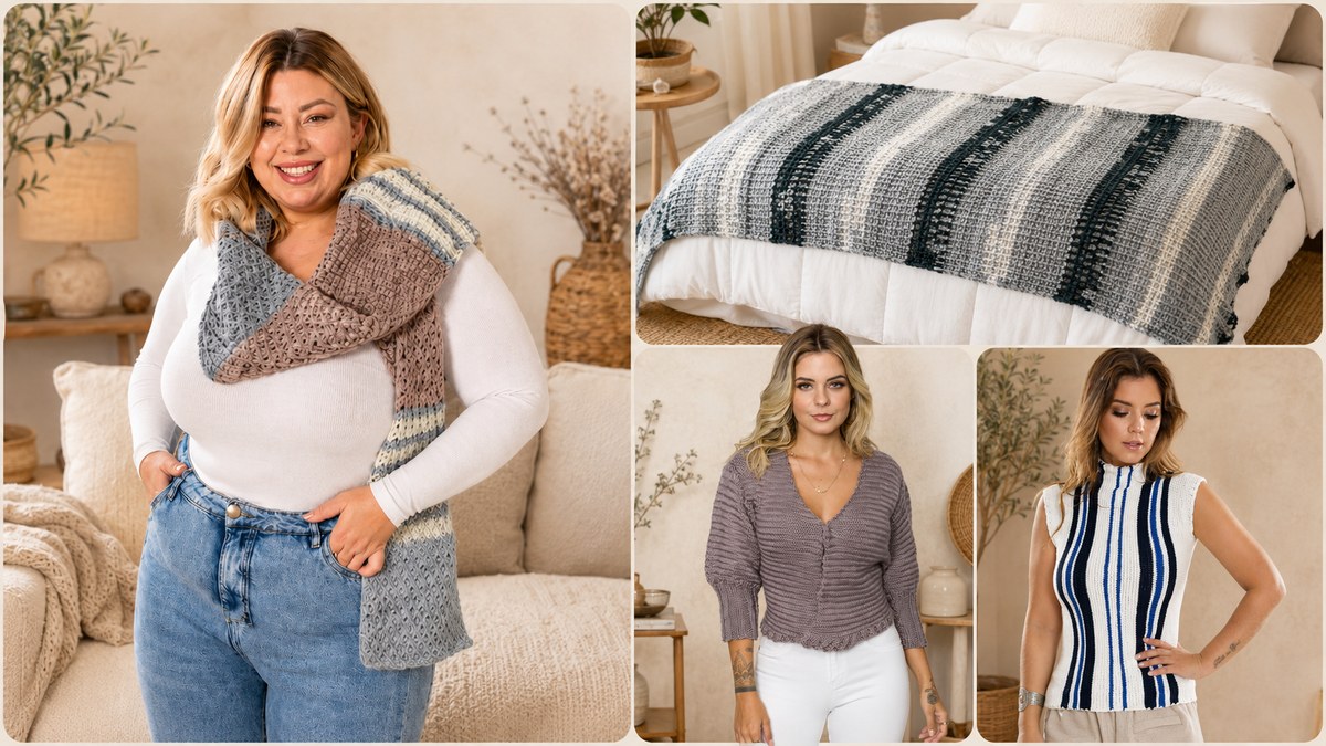 Mosaico com quatro peças em crochê tunisiano: cachecol em ponto favo de mel, manta listrada, blusa e regata — exemplos da versatilidade da técnica