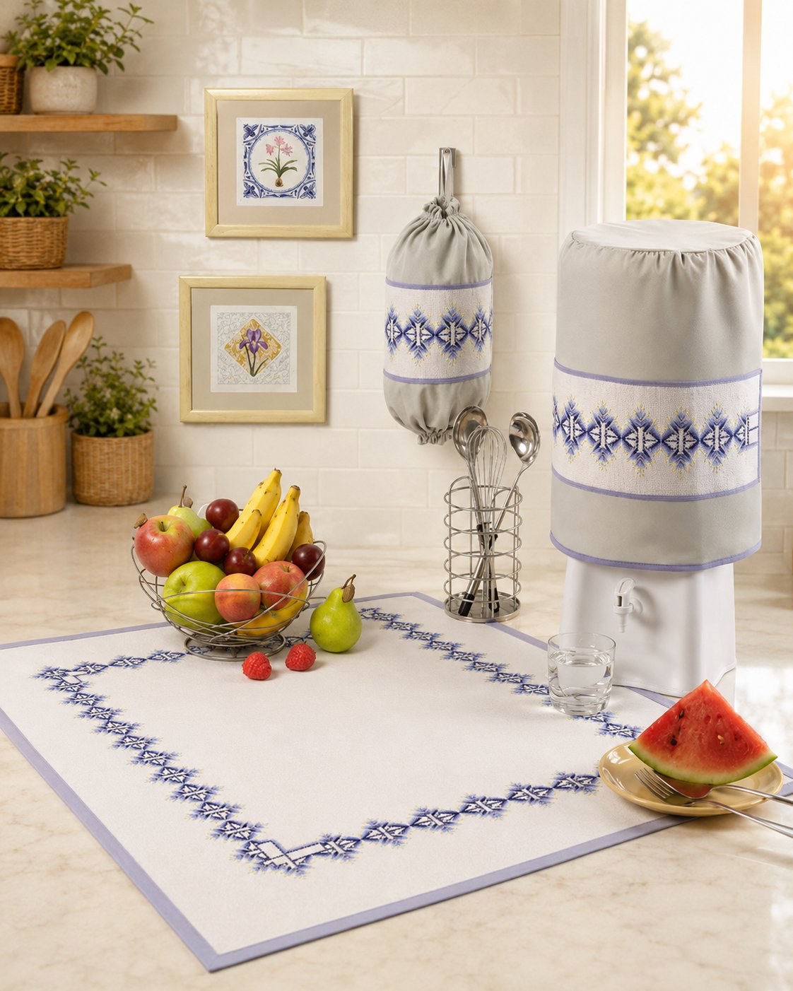 Kit cozinha em bordado vagonite azul com toalha, capa para galão de água e puxa-saco