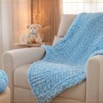 Manta de Tricô de Mão: Sem Agulha com o Novo Fio Puffy Manta Sky azul em tricô de mão com Fio Puffy Círculo sobre poltrona, novelo e ursinho