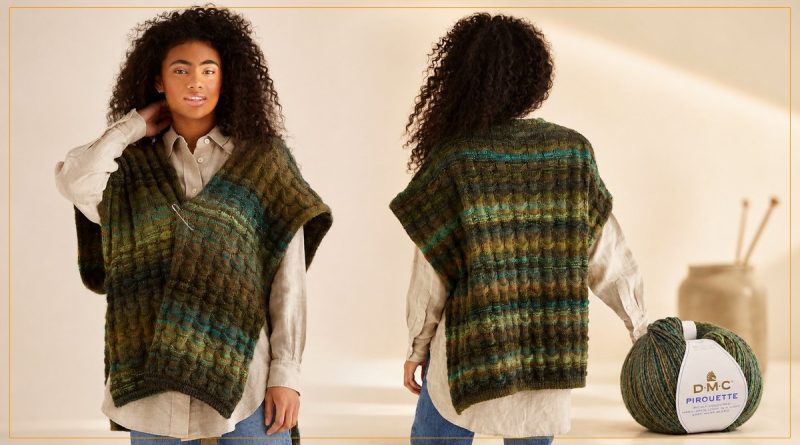 Poncho de Tricô Verde com Fio DMC Pirouette — vista frontal e traseira