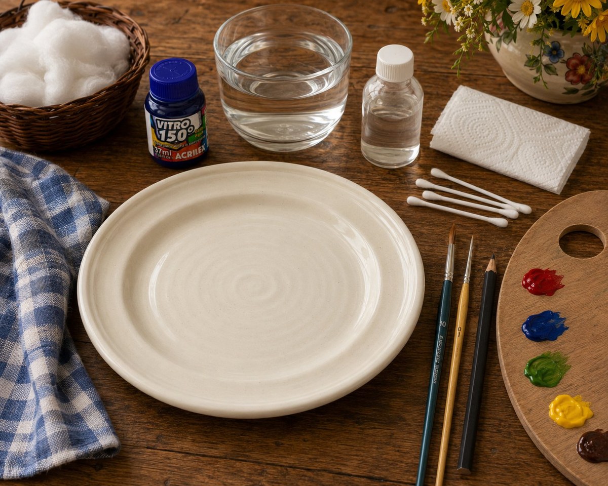 Todos os materiais para pintar o prato com bandeirinhas: prato branco, Tinta Vitro 150 Acrilex, pincéis, algodão, álcool, cotonetes e paleta