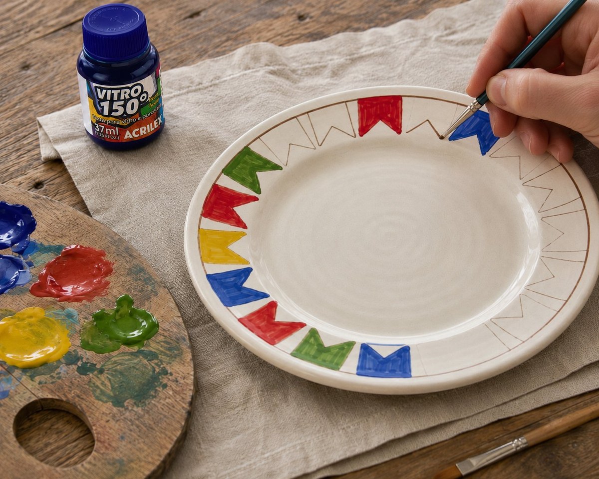 Mão pintando bandeirinhas no prato com pincel e Tinta Vitro 150 Acrilex, paleta com as cores ao lado