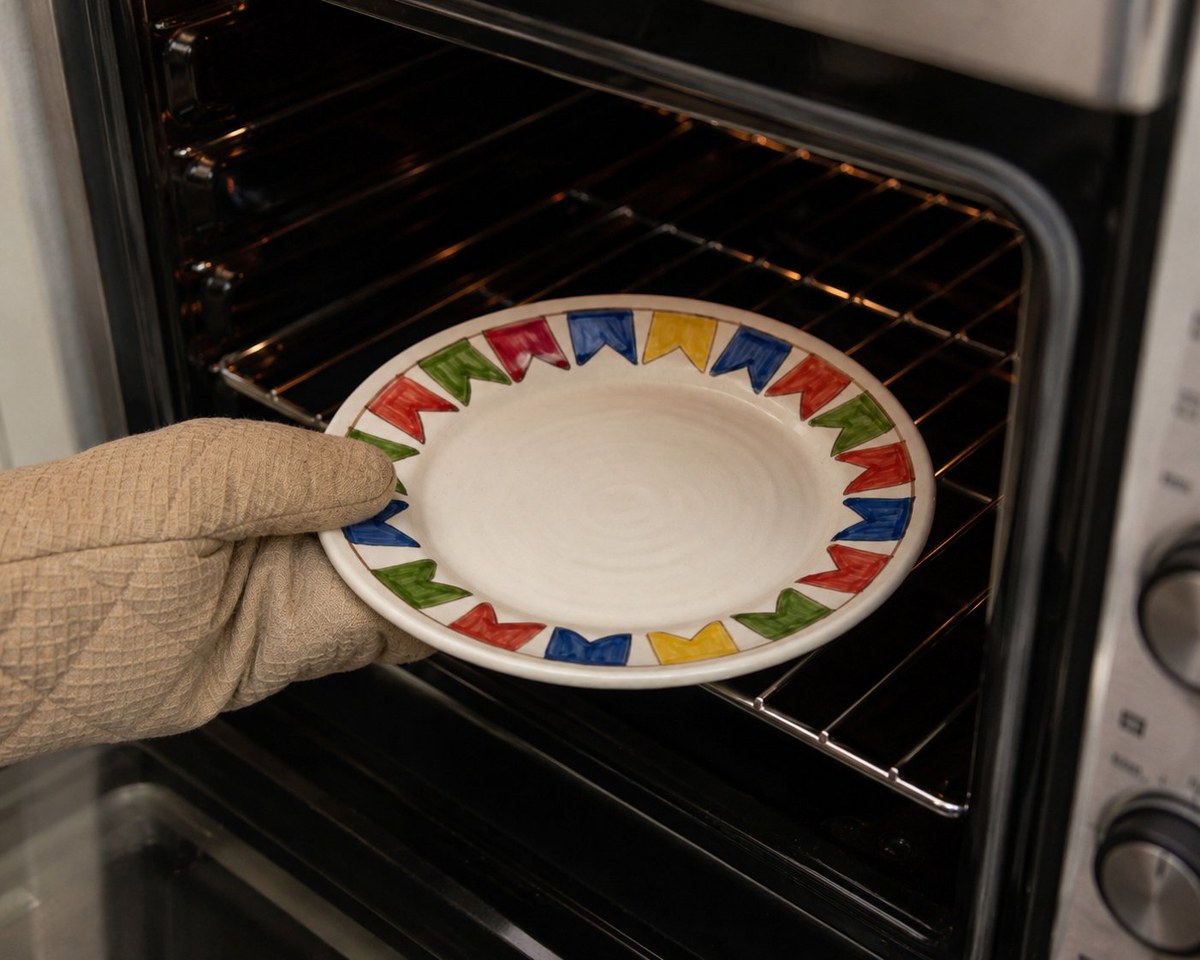 Prato com bandeirinhas juninas pintadas sendo colocado no forno com luva, para queima a 150 graus da Tinta Vitro Acrilex